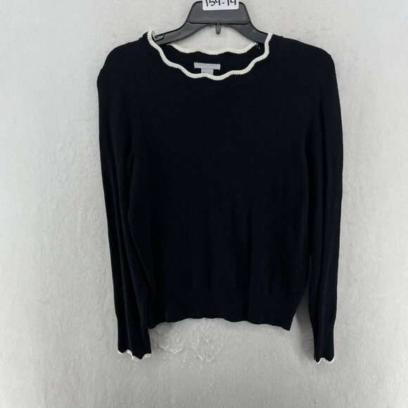 H&M Sweater Women's Sz S Black White Fine-Knit Scalloped Ribbed Hem Pullover - Picture 1 of 10